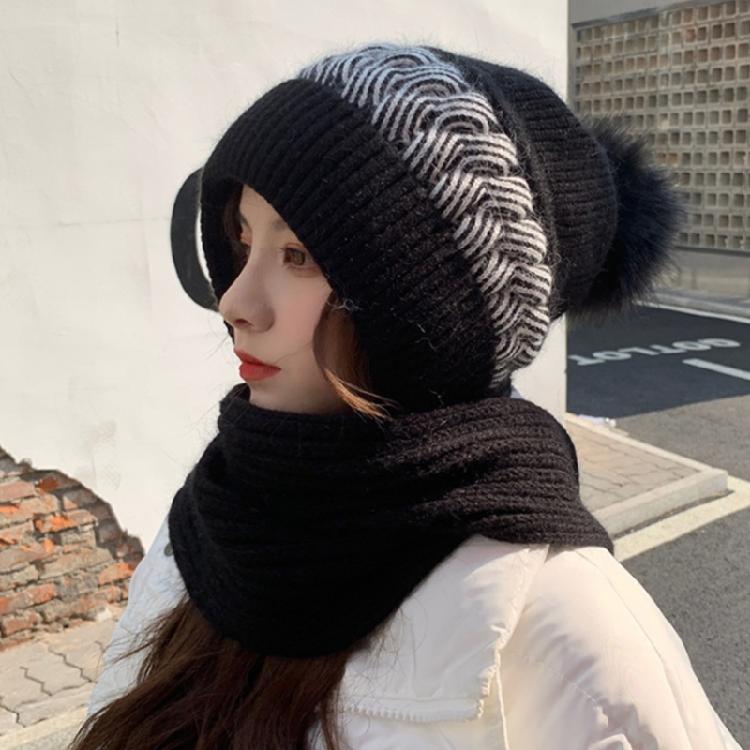 Women Korean Style Scarf Student Hat Integrated Earmuffs Cap Sleeve Plush Winter