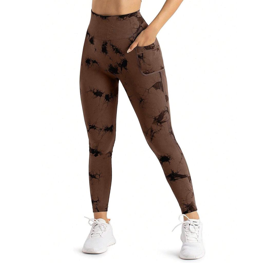 Damskie spodnie do jogi tie-dye z kieszeniami bocznymi – unoszące biodra sportowe ubrania