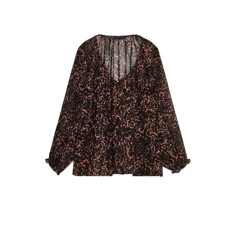 Animal Pattern Print Translucent Shirt 8792139 Animal Pattern Print Wide Leg Casual Trousers 8743148