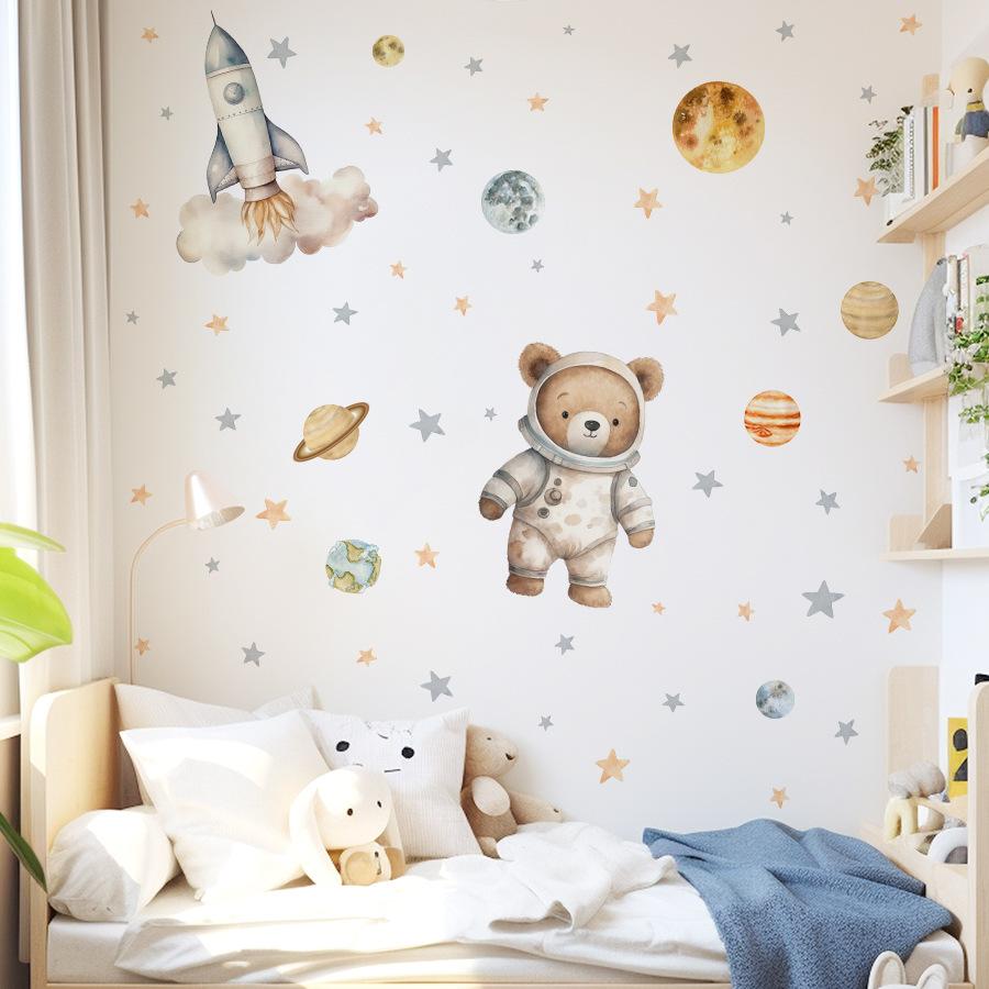 Cute Bear Astronaut Space Rocket Wall Sticker Self Adhesive Removable Kids Room Nursery Decor