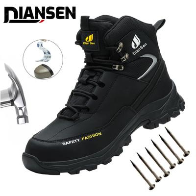 Black Leather Work Boots Safety Steel Toe Men Breathable Safety Shoes Indestructible Puncture-Proof Non Slip Work Boots
