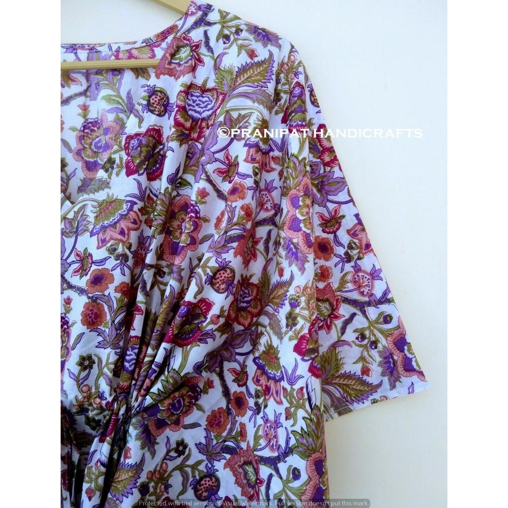 Indisches weißes langes Blumendruck-Baumwoll-Hippie-Maxi-Frauen-Nachtwäsche-Kaftan-Kleid CKFTN-SCRN-FULL-BUYIT-070