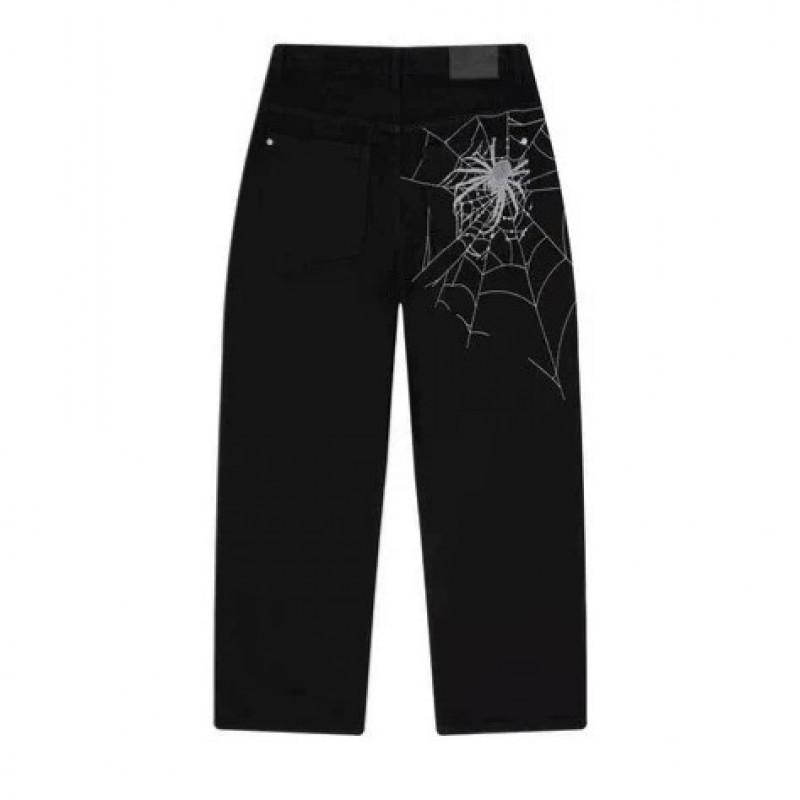 Unisex Streetwear Weite Gerade Geschnittene Jeans mit Spinnennetz-Stickerei Lockerer Sitz Mittlere Leibhöhe Baumwoll-Jeans