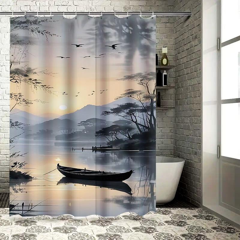 Serene Sunset Landscape Design Waterproof Shower Curtain Heat Resistant Machine Washable Non-Transparent 180x180cm
