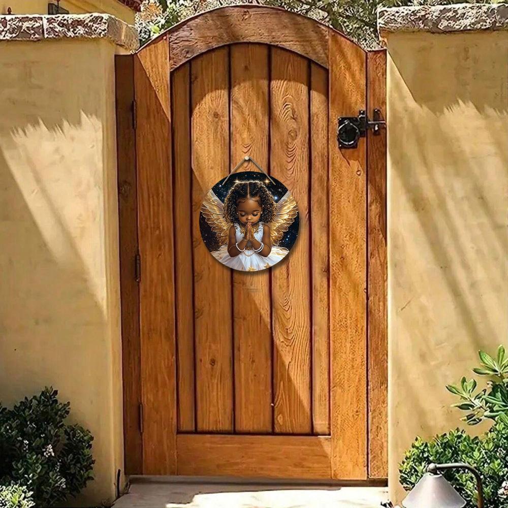 Złote Skrzydła Czarny Anioł Drewniany Znak - Anioł Okrągły Znak do Dekoracji Wiszącej na Ścianie Drzwi Wejściowych - Idealna Dekoracja Wisząca do Domu