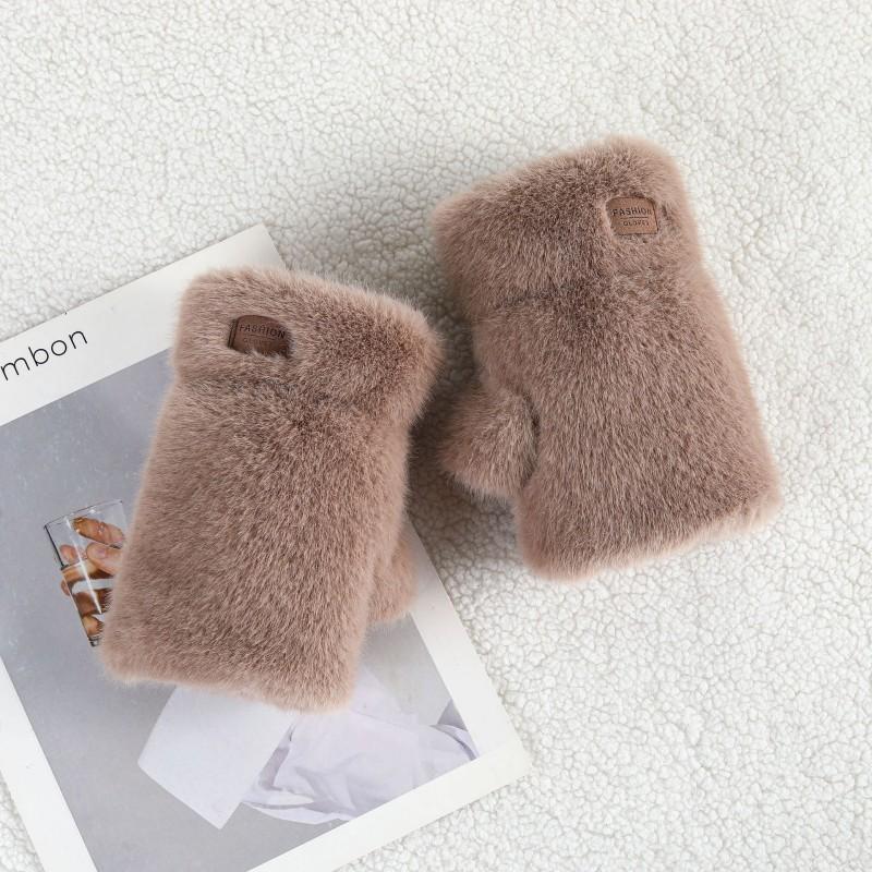 Fuzzy Faux Mink Half-Finger Gloves Women Winter Warm Touchscreen Compatible Streetwear Accessory