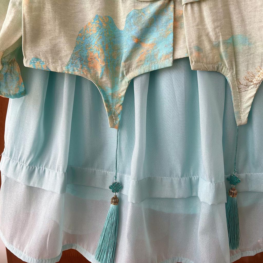 Girls Summer Hanfu Set Traditional Chinese Long Sleeve Blouse And Midi Skirt Two Piece Outfit For Kids
