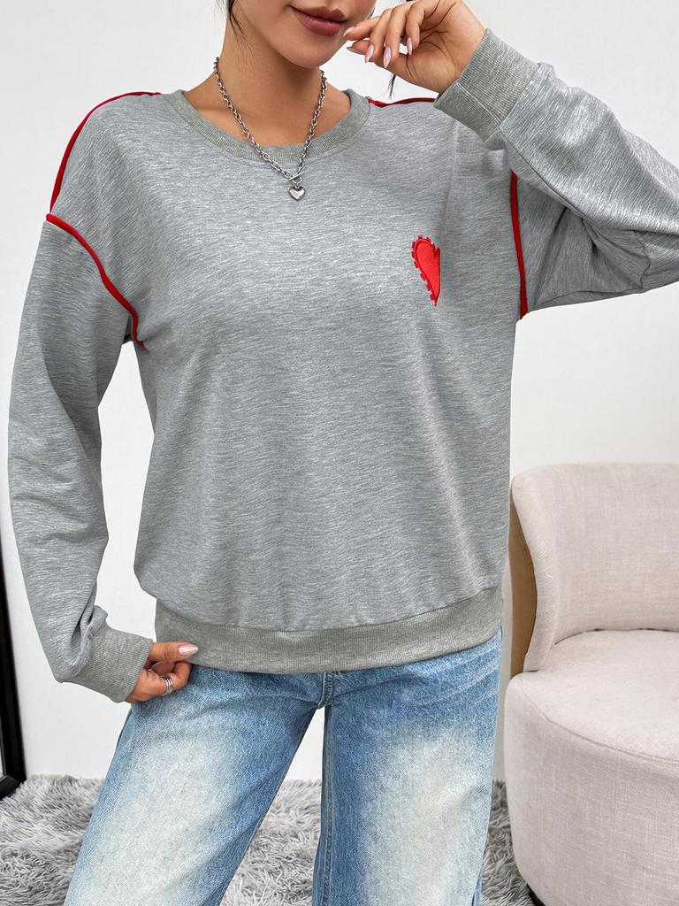 Heart Embroidered Korean-Style Loose Hoodie for Women - Long Drop Shoulder Sleeves, Round Neck, Autumn/Winter Fashion.