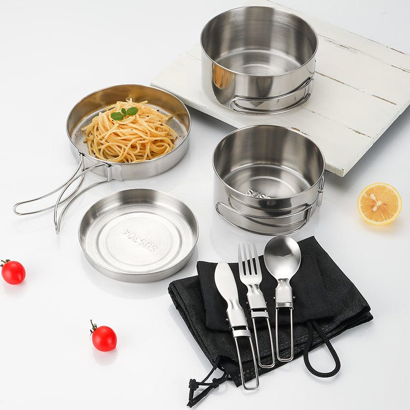 Kingpool Modern Portable Reusable Stainless Steel Outdoor Gear Cooking Pots Pans with Pot Cover Mess Kit Camping Cookware Set