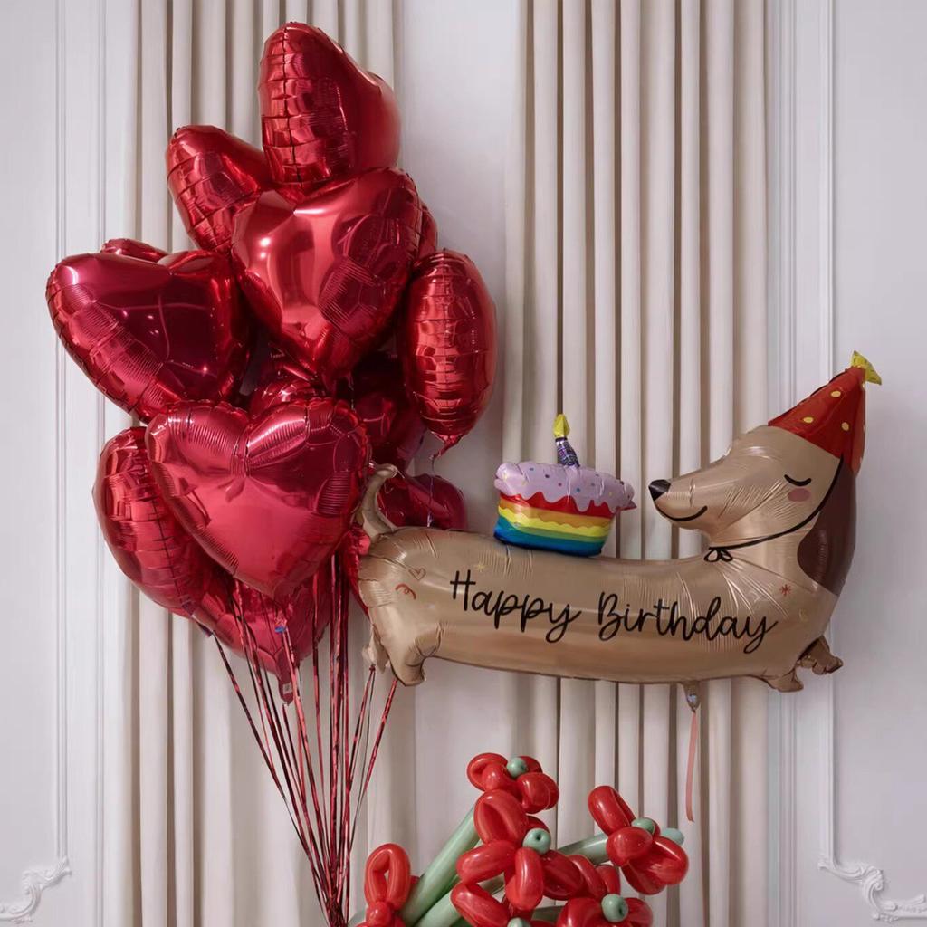Cartoon style birthday dog balloon set with red bow balloons and pink heart balloons for birthday decoration and photo props