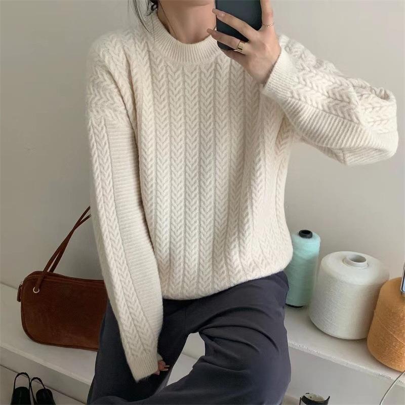 Soft Waxy Round Neck Twist Pullover Women's Top Autumn and Winter New Retro Lazy Premium Knitted Sweater Women's Clothing