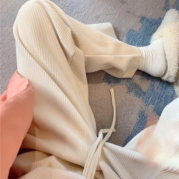 Cord Wide Leg Hose Damen Creme Hose Fleecegefüttert Hohe Taille Gerader Schnitt Fließend Chenille Lässig Herbst Winter