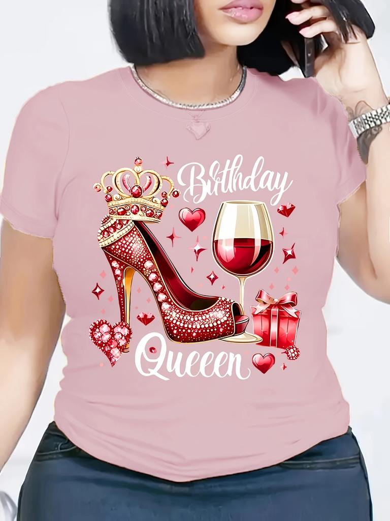 Red Birthday Queen Women's High Heels and Crown Wine Glass Pattern Tshirt Casual Short Sleeve Round Neck T-shirt Machine Wash