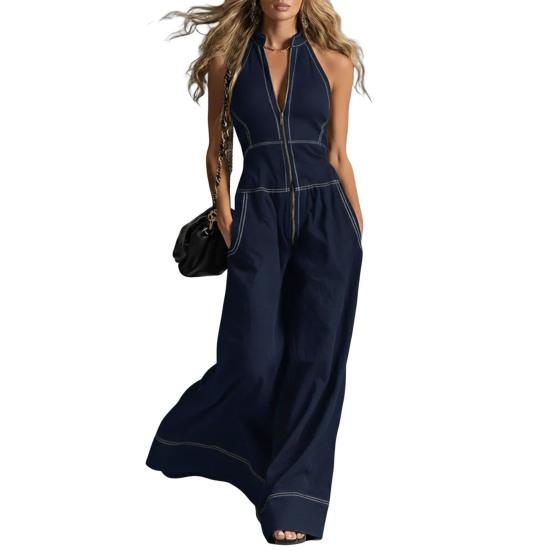Huaqianguhh Women's Sleeveless Jumpsuit, Zip Up Stand Collar Wide Leg Pants Rompers, Casual Summer One Piece Outfits with Pockets