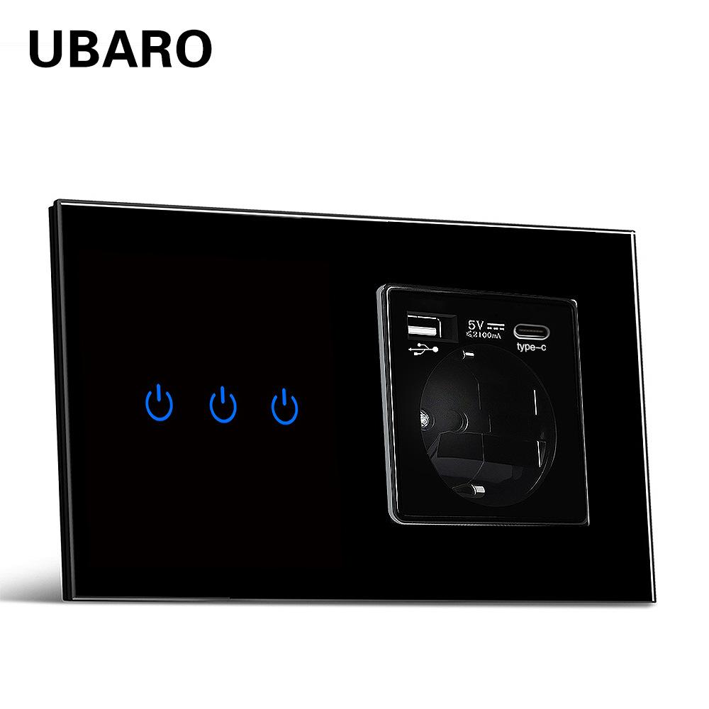Glass Panel Touch Switch European Standard Hidden TYPEC Charging Socket Combination 220V