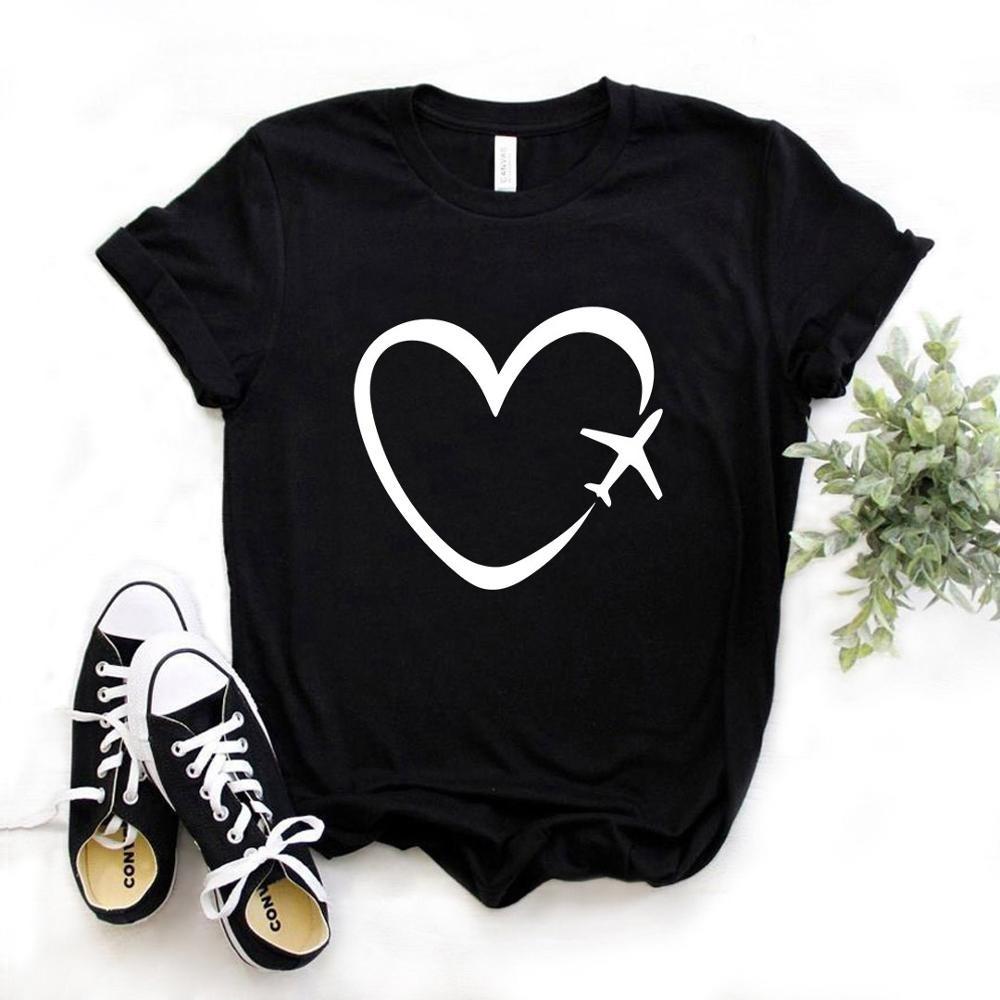 Travel Plane Heart Love Print Women Tshirt Casual Funny T Shirt Girl Top Tee Graphic T Shirts Y2K Top Women Clothing