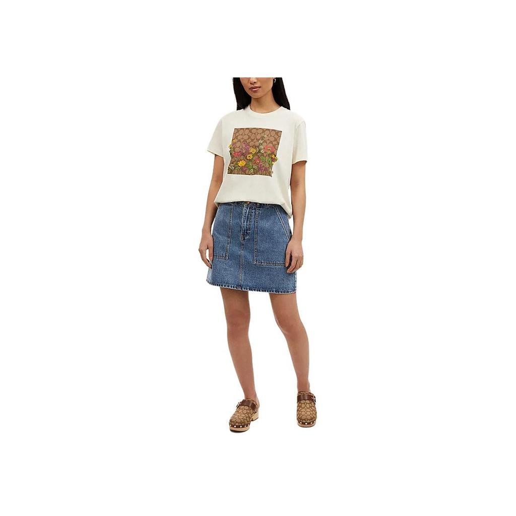 Coach Ss24 Logo Floral Print Round Neck Short Sleeve T-Shirt Women Tops White CQ777-WHT