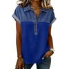 Denim Patchwork Shirts For Women Stand Collar Casual Blouse Short Sleeve Comfy Tshirt Spring Summer Fashion