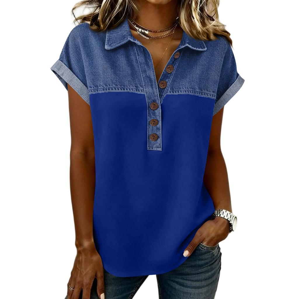 Denim Patchwork Shirts For Women Stand Collar Casual Blouse Short Sleeve Comfy Tshirt Spring Summer Fashion