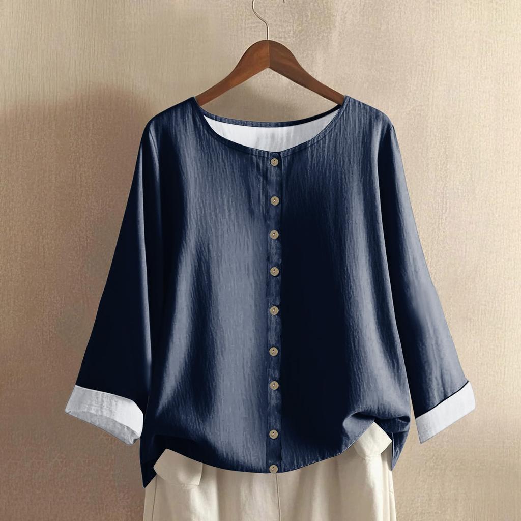 Women's Casual Long-sleeved Round Neck Solid Color Cotton And Linen Top