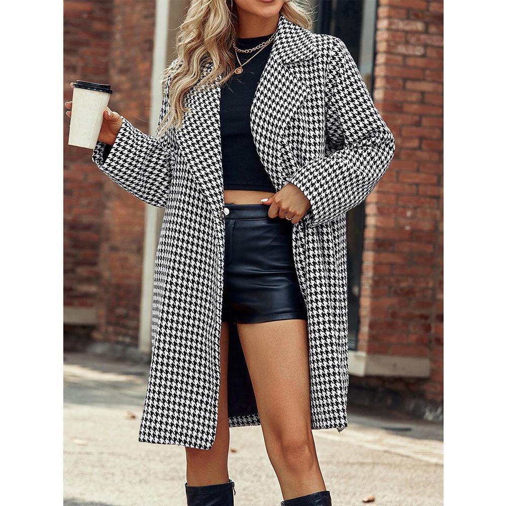 

New temperament suit collar long hidden button woolen coat thousand bird plaid coat, female S чёрный