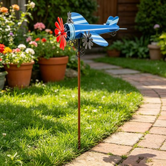 Avión de Hélice Molinillo de Viento Veleta de Metal Avión Vintage Escultura de Molino de Viento Cinético Decoración para Jardín Exterior Patio Césped