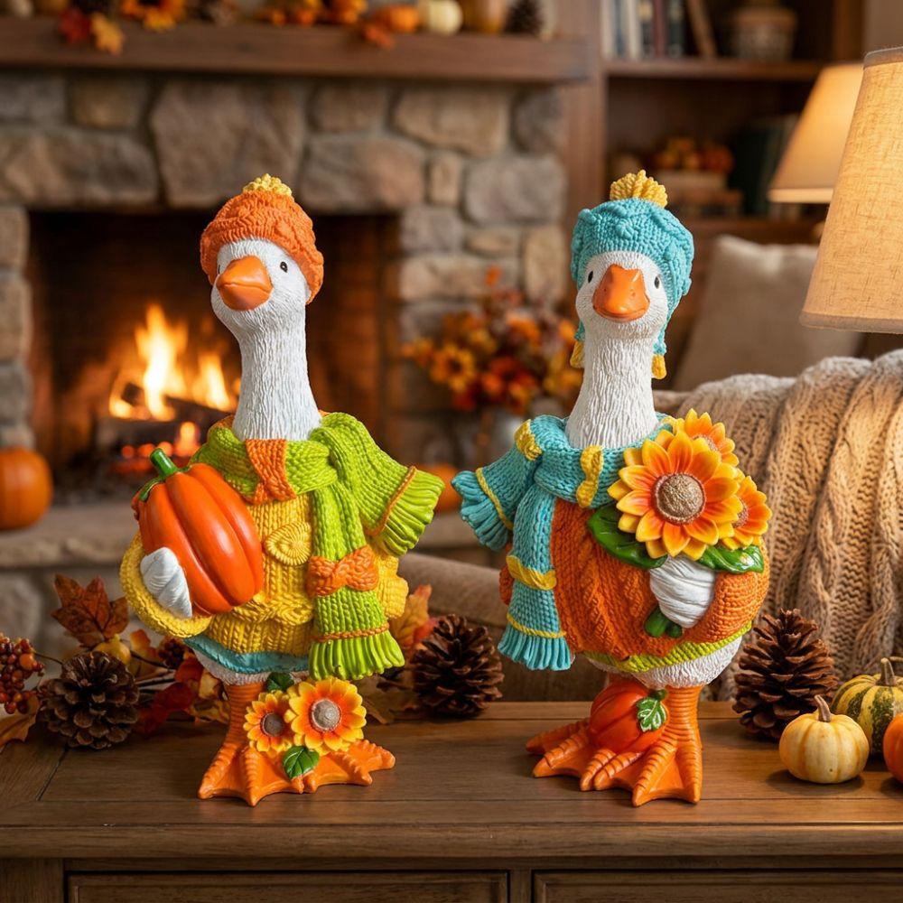 Rustic Style Autumn Pumpkin Duck Ornament Colorful Duck Figurine Goose Statue Lawn Ornament  Yard