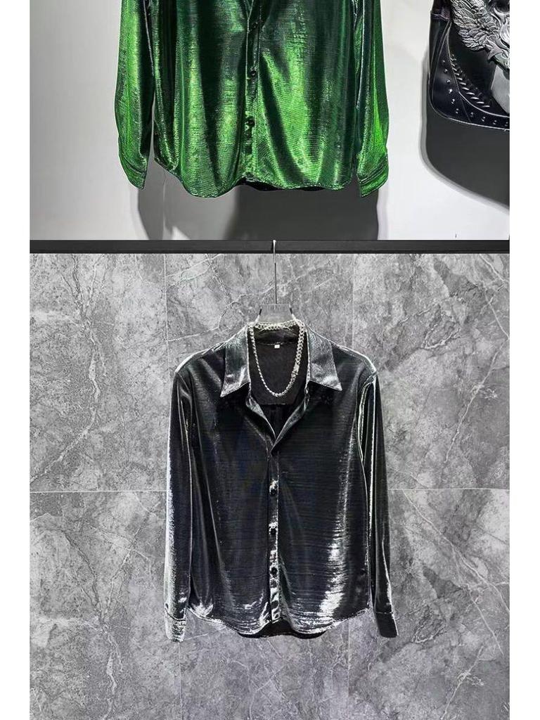 Men's Streetwear Long-Sleeve Pique Shirt - 2024 Spring/Autumn Collection, Loose Fit, Shiny Handsome Style