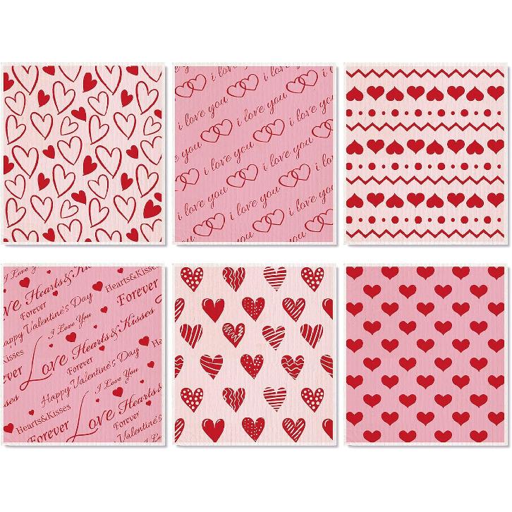 6 Packs Valentine's Day Swedish Dishcloths Red White Heart Kitchen Dish Towel Reble Washable Cotton Kitchen Towels for Home Party Cleaning