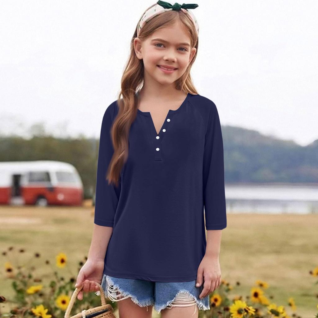 Print Tops For Youth Girls Round Neck 3/4 Sleeves T-Shirts Trendy Tops Outfit Tees