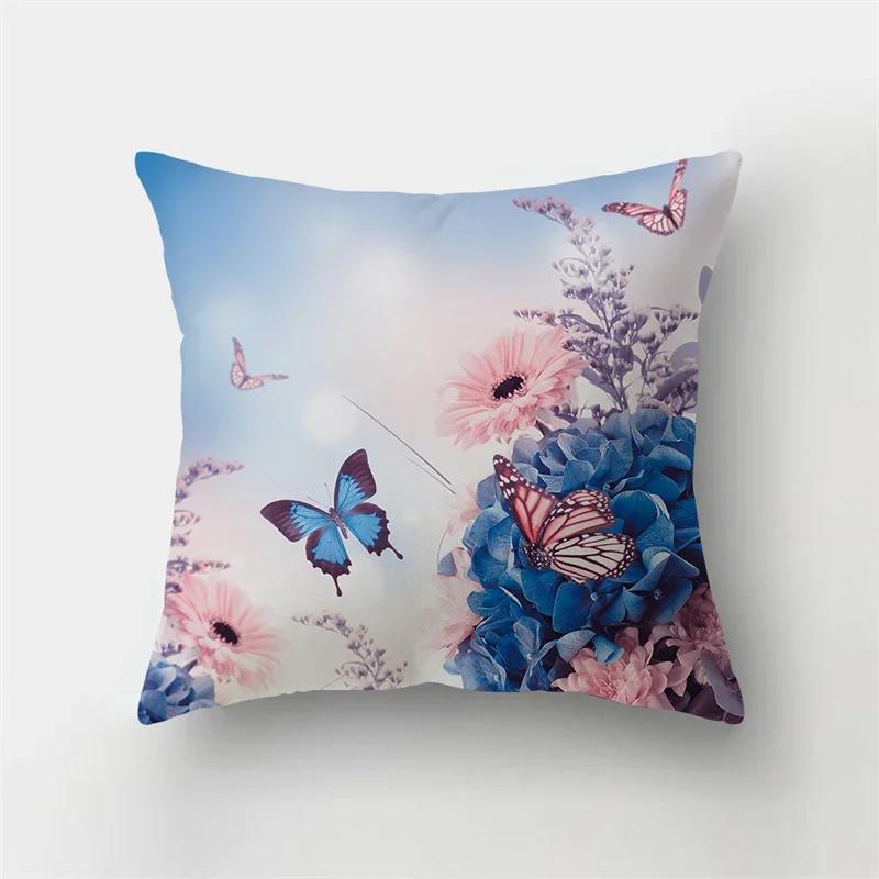 Colorful Butterfly Plant Printing Pattern Cushion Cover for Home Living Room Sofa Office Decoration Throw Pillow