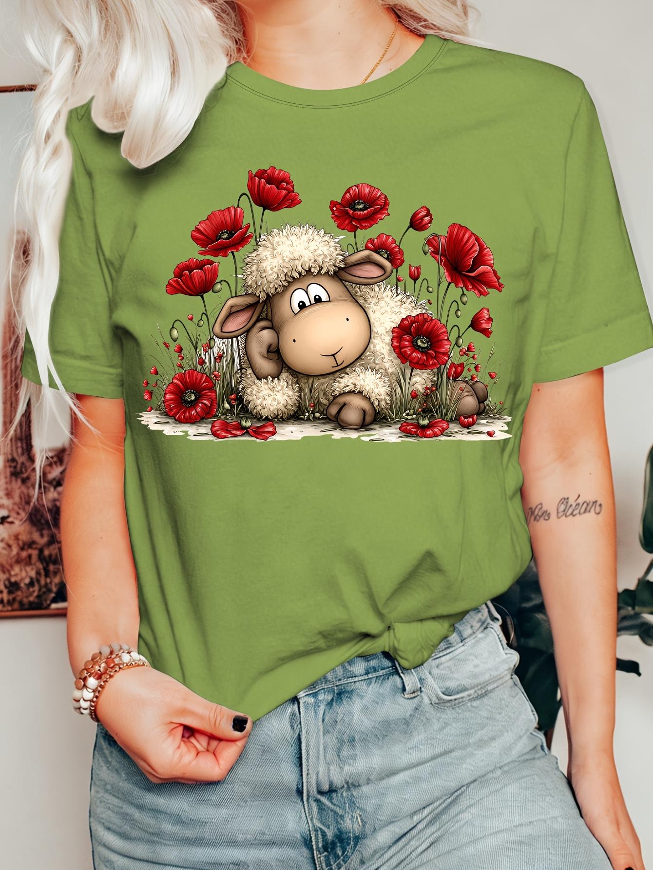 

[Spring And Summer New Arrivals]Women S Summer Clothing. Poppy Sheep Print Round Neck Short Sleeve T-Shirt. Comfortable. Soft. Fashionable. Elegant fo S дубильная кора