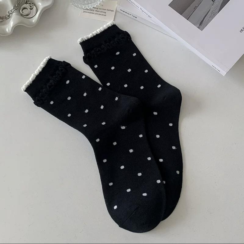 

Women s Mid-calf Socks, College-style Cotton Socks, Pile Socks, Trendy Solid Color Double Bubble Lace Polka Dot Women s Socks 1 pair чорний