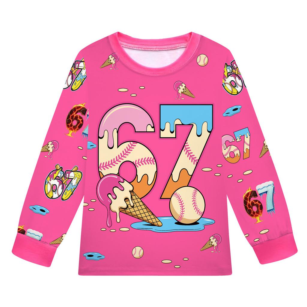 19702 Kinder Jungen Mädchen Steal a Brainrot 67 Six Seven Druck Langarm T-Shirt Hose Pyjama Nachtwäsche Sets