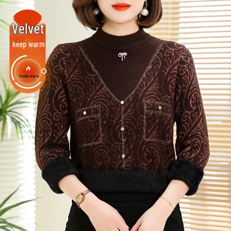 

Plus Size Diamond Faux Mink Fur Sweater for Middle-Aged Women – Loose Half-High Collar Pullover XL (recommended 45-60 kg) кофейный