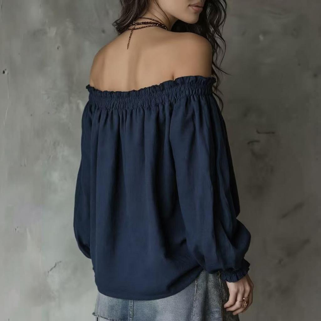 Women's Off-Shoulder Puff Sleeve Blouse with Elastic Neckline and Design Long Sleeve Fashion Top