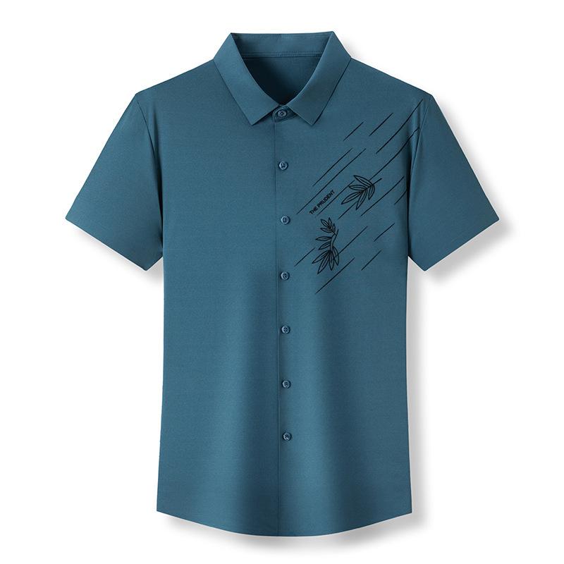 Summer New Men's Short-Sleeved Seamless Shirt Young and Middle-Aged Leisure Iron-Free Printed Shirt Lapel