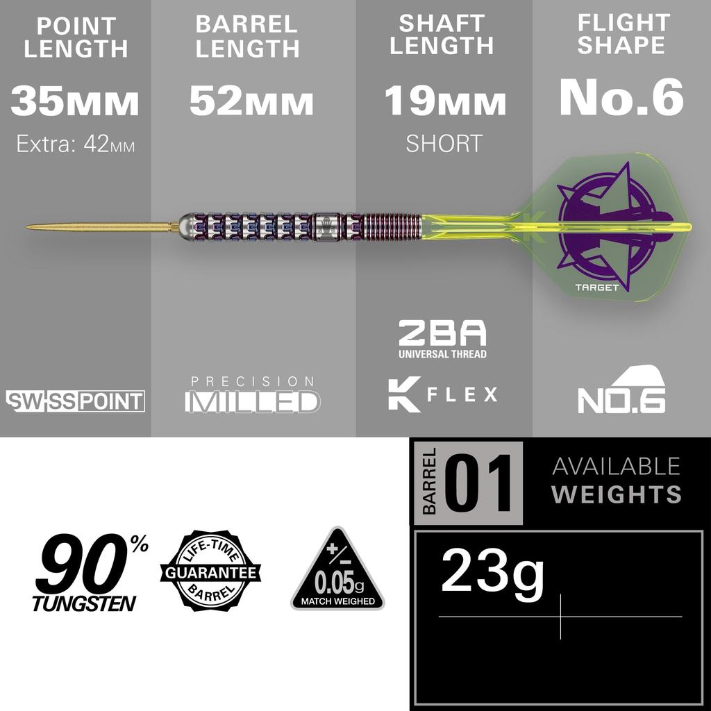TARGET Darts Luke Littler Mistr světa 2025 SP Steel Tip Šipky 90% Wolfram K-Flex 23G Tvar č. 6 Swiss SLK Hrot Klíčenka Mistra světa Nástroj