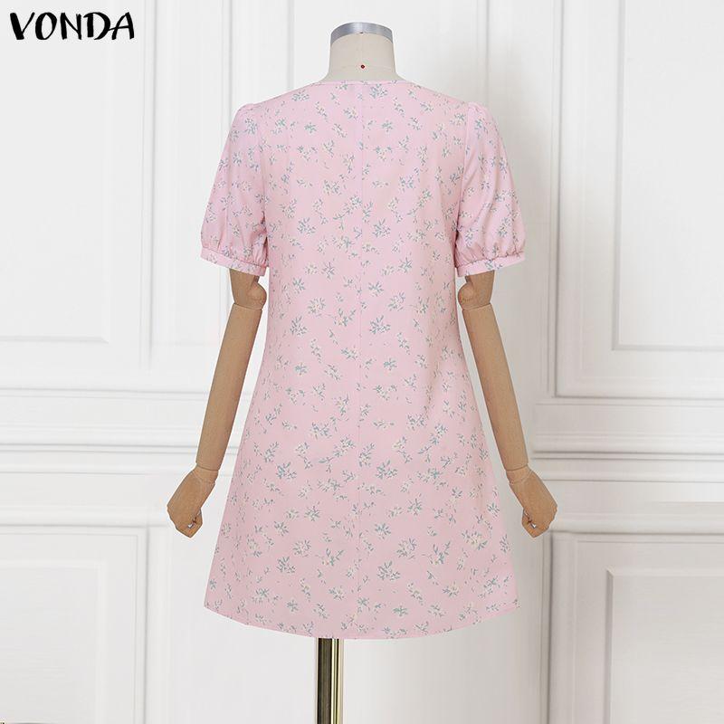 VONDA Summer Women Short Sleeve Floral Print Casual Mini Short Dress
