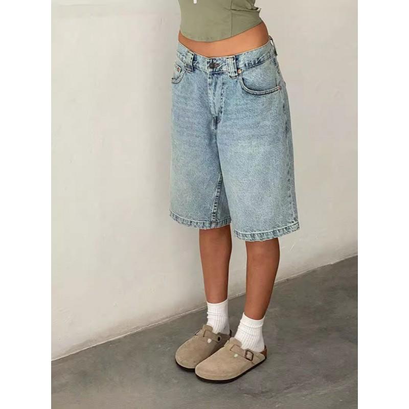 Damen Schlanke Denim Capri-Hose Mittlere Leibhöhe Ohne Stretch Baumwolle Street Style