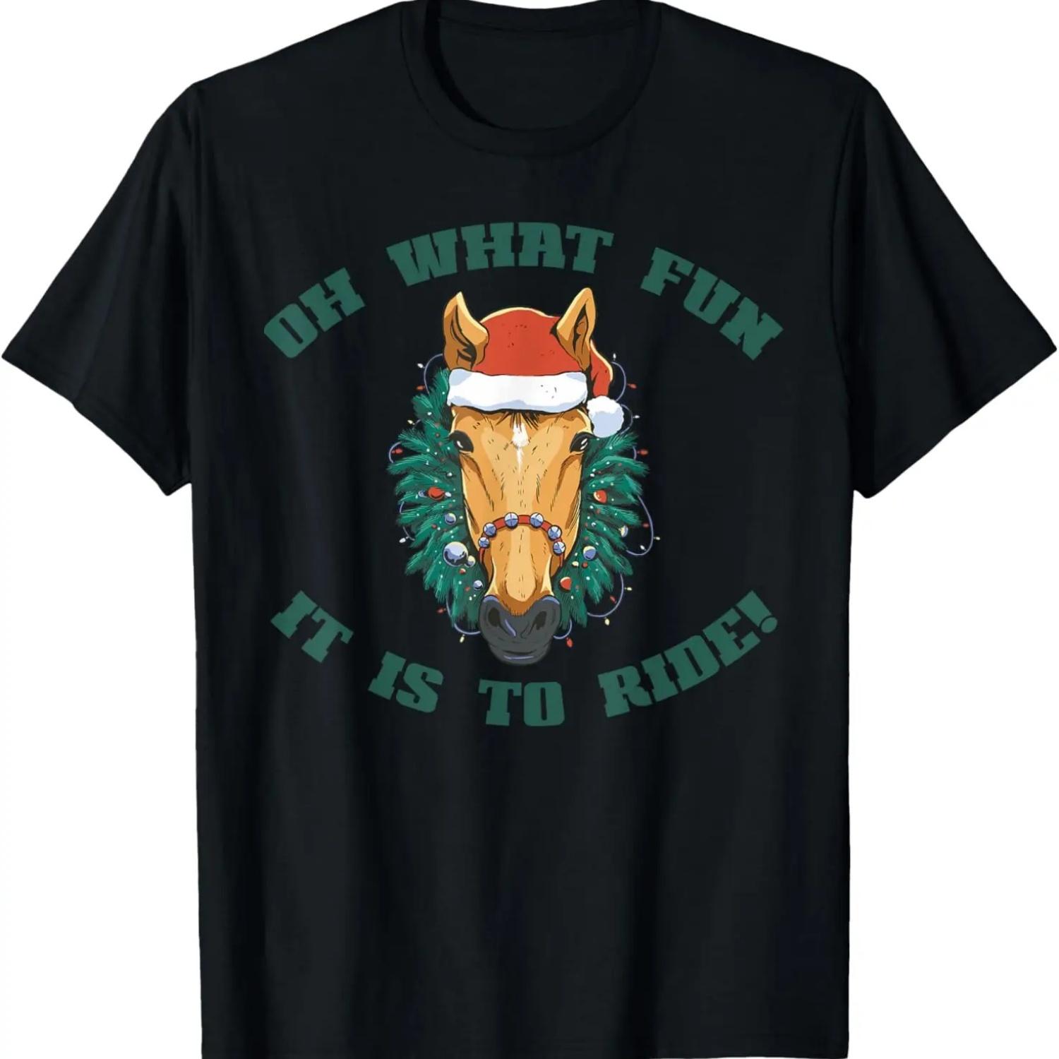 OH WHAT FUN IT IS TO RIDE! Christmas Horse Wreath Santa Meme T-Shirt XXXXXL чёрный