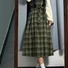 Green Plaid Puff Sleeve Waist-Cinched Two-Piece Patchwork Dress for Female Students - Slimming Long Dress for Spring and Autumn