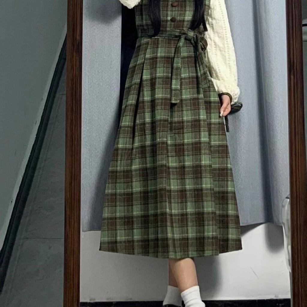 Green Plaid Puff Sleeve Waist-Cinched Two-Piece Patchwork Dress for Female Students - Slimming Long Dress for Spring and Autumn