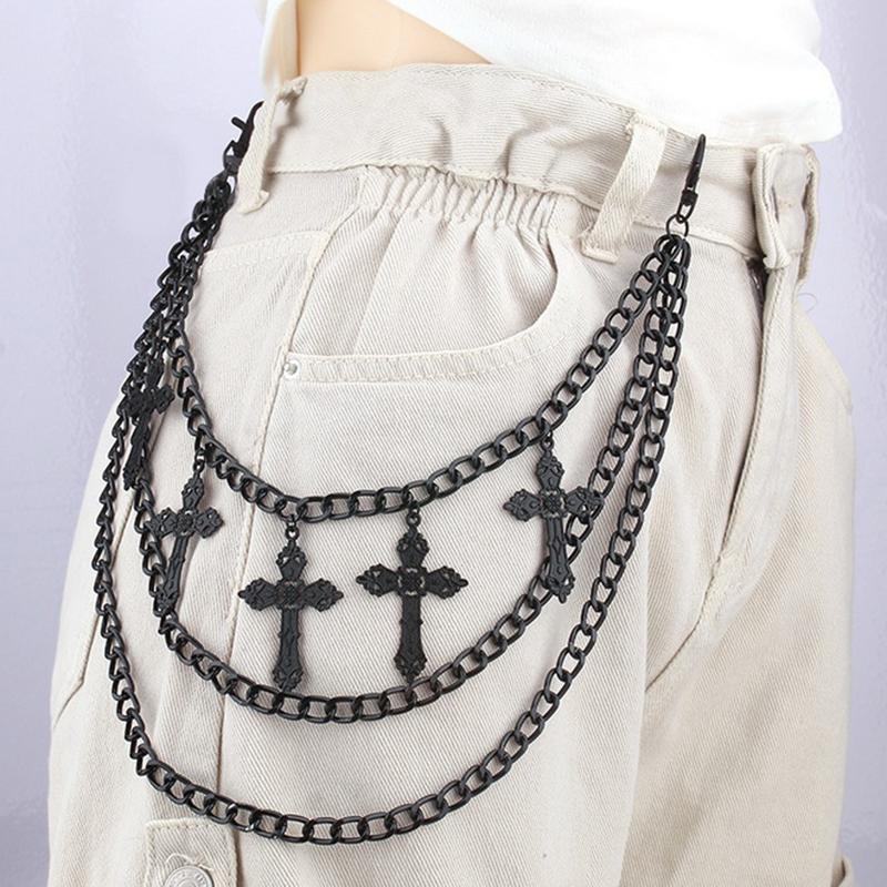 Punk Jeans Pants Chain Multi Layer Chain Punk Cross Charm Waist Wallet Chain Harajuku Belt For Hip Hop Dancers