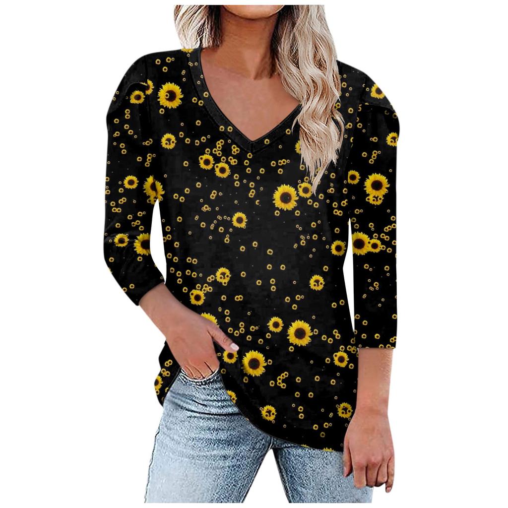 3/4 Petal Sleeve Shirts For Women Print Graphic Tees Blouses Uniform Overalls Pullover