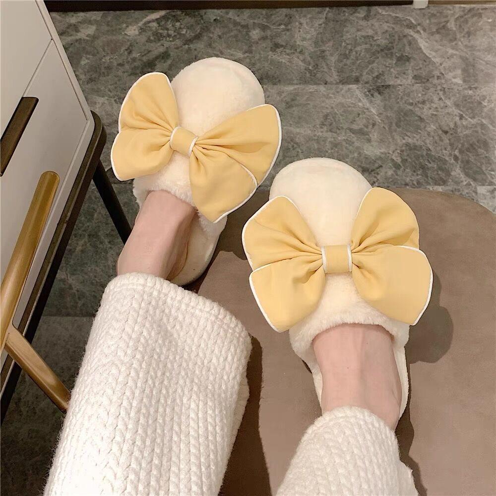 Cozy Bow Plush Slippers: Warm Non-Slip Indoor Cotton for Autumn & Winter