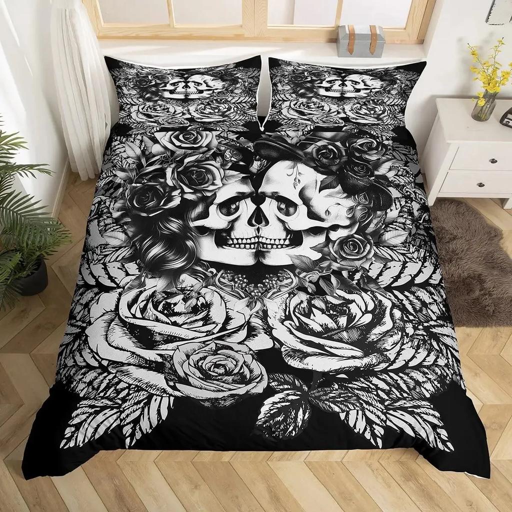 Sugar Skull Lover Duvet Cover King Kissing Couple Skeleton Bedding Set Red Rose Comforter Cover Death And Love Theme Quilt Cover