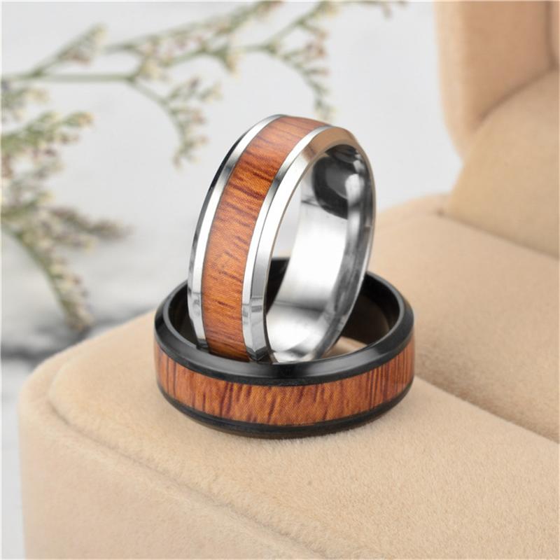 est Stainless Steel Wood Grain Inlaid Rings For Men Retro Domineering 8mm Knuckle Jewelry Ring Boyfriend Party Gifts