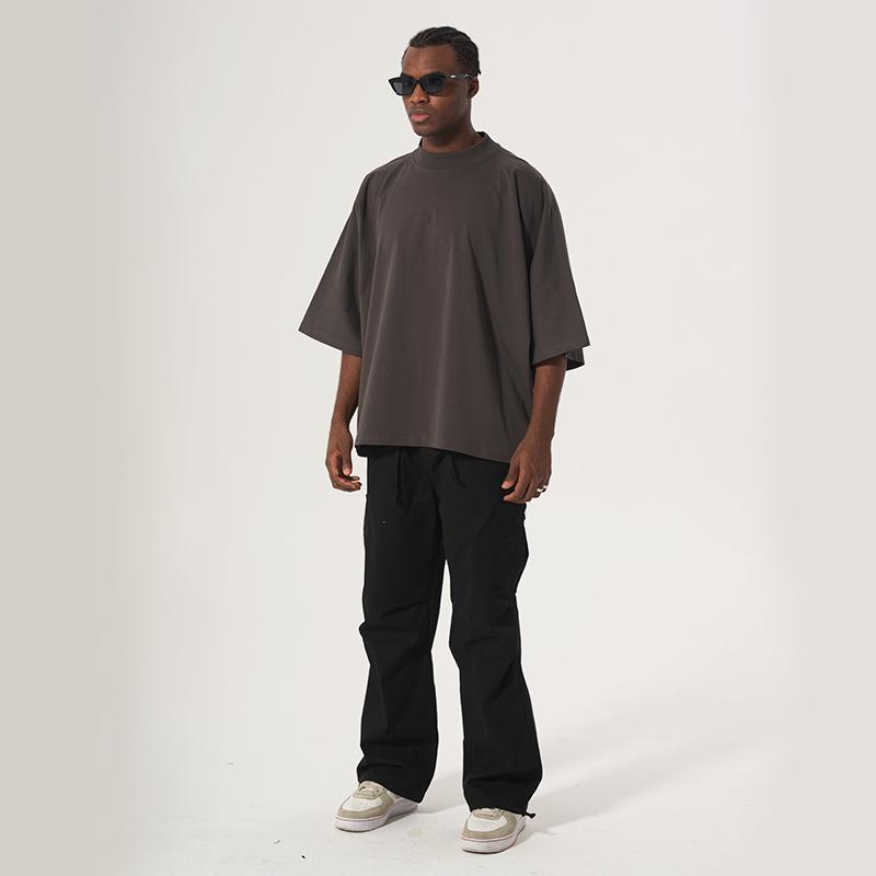 Men's Trendy American Street Style Heavyweight Loose Fit Pure Cotton T-Shirt, Plus Size, Short Sleeve, Small Collar