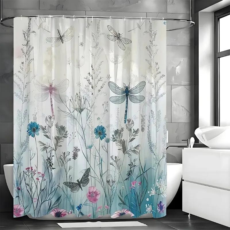 Blue Floral Plant Dragonfly Shower Curtain, Bathroom Decorative Shower Curtain, Waterproof Shower Curtain With Hooks